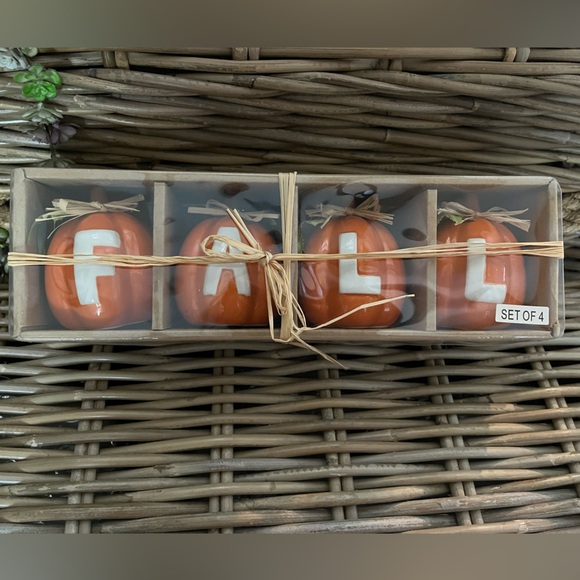 Set of 4 Fall Decor Ceramic Pumpkins, each with leaves and raffia bows, ‘FALL’ - Picture 1 of 4